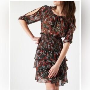 Maje Floral Off Shoulder Cold Shoulder Smocked Waist Tiered Mini Dress 2